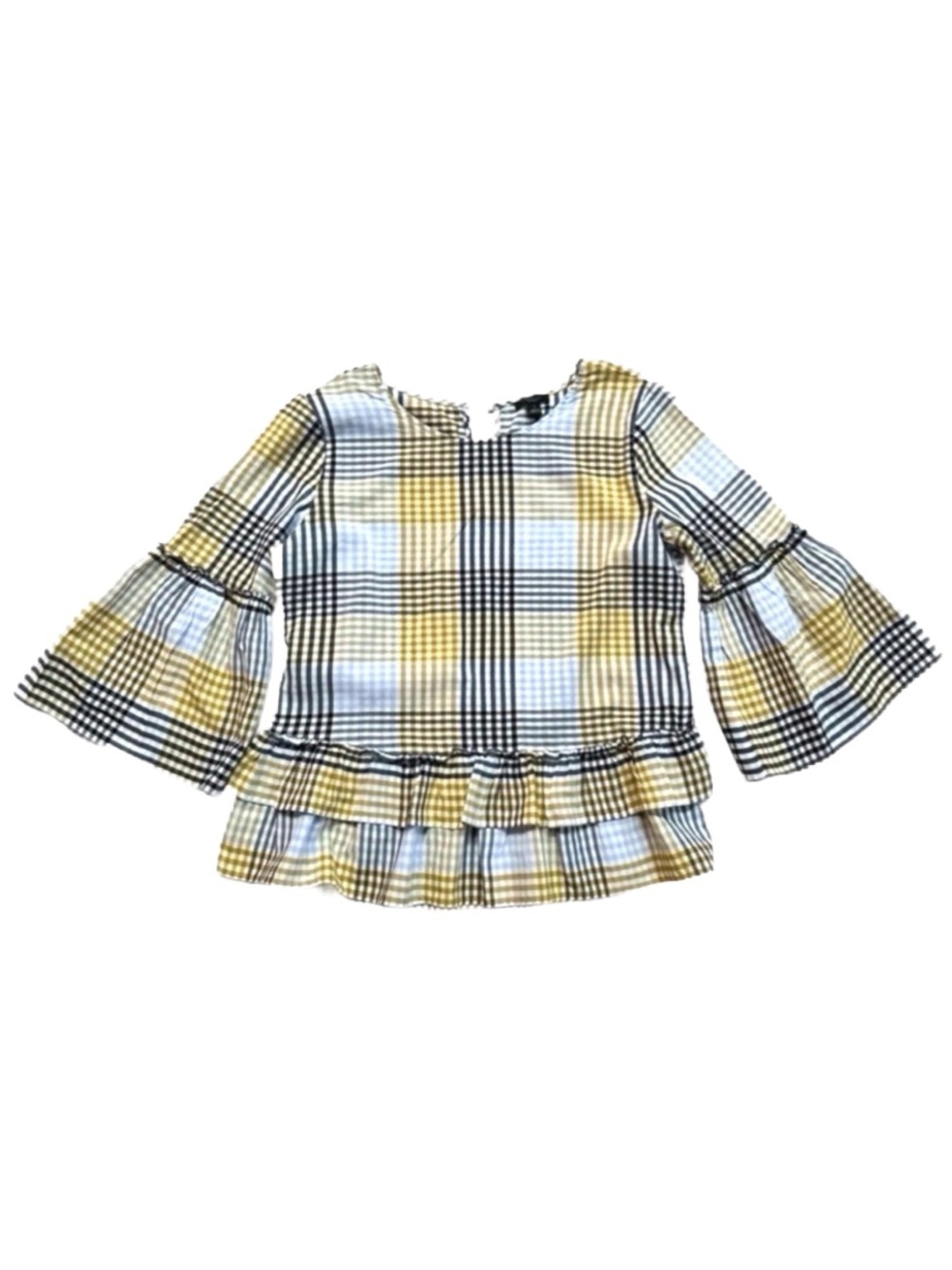 Ann Taylor Factory Plaid Bell Sleeve Ruffle Blouse Size S - Picture 5 of 10